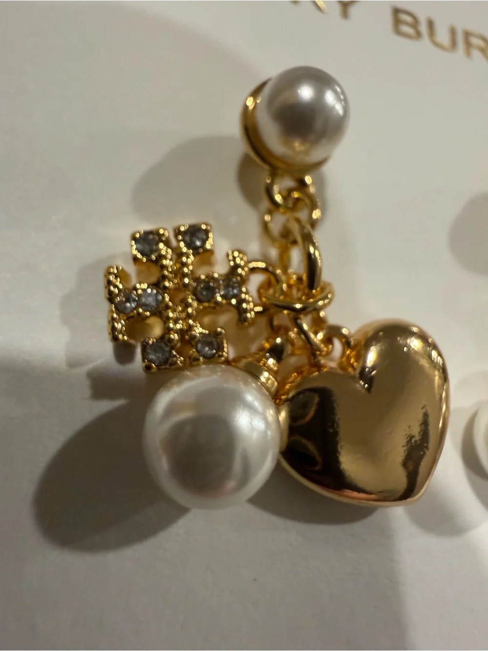 Tory Burch | Gold Plated Icon, Heart & Pearl Drop Earrings | Small